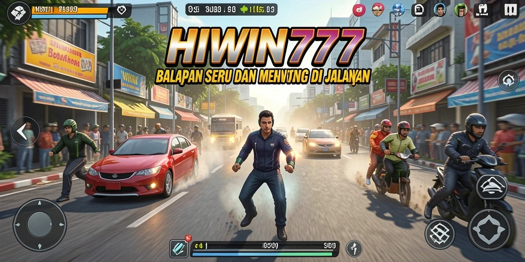 Gameplay balapan seru HIWIN777 dengan mobil cepat dan trek menantang.