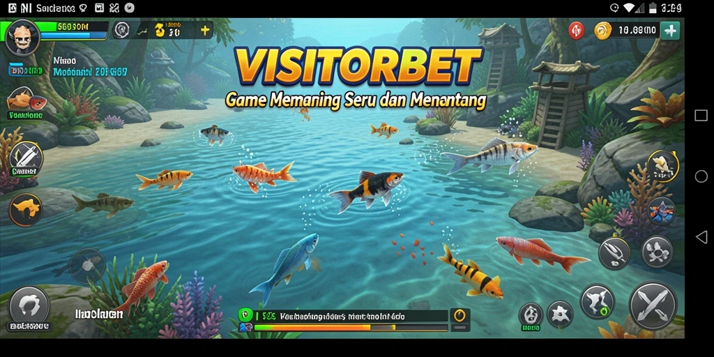 Ilustrasi gameplay memancing dalam VISITORBET dengan ikan-ikan warna-warni.