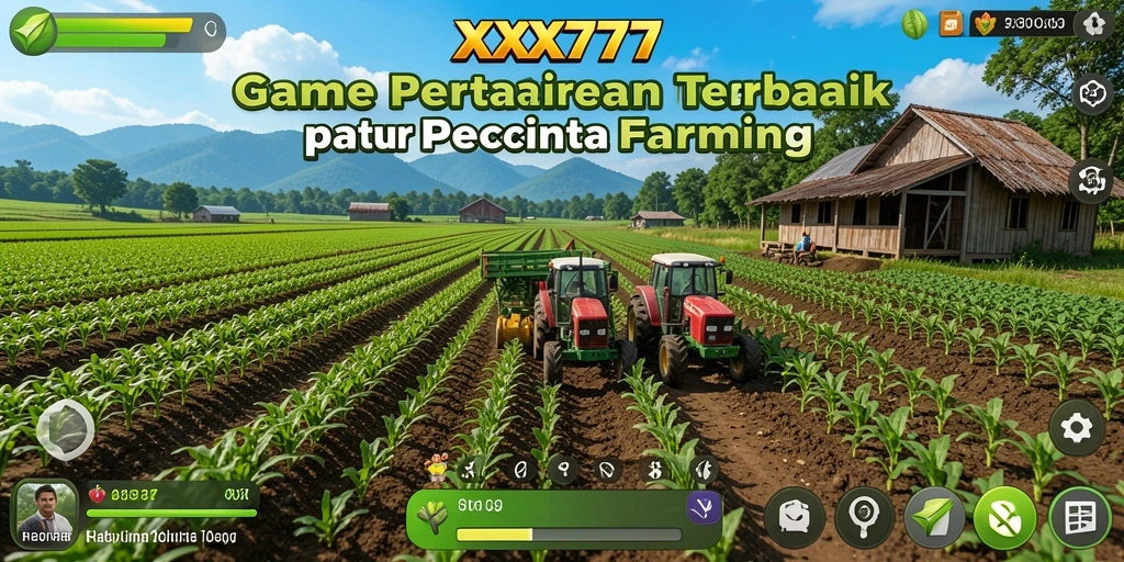Screenshot gameplay XXX777 menunjukkan ladang subur dan aktivitas bertani yang seru.